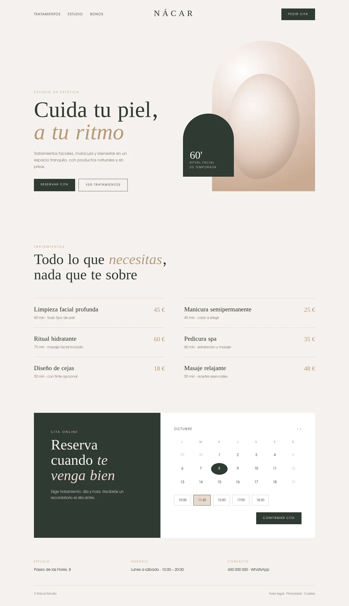 Diseño de muestra: web del estudio de estética Nácar